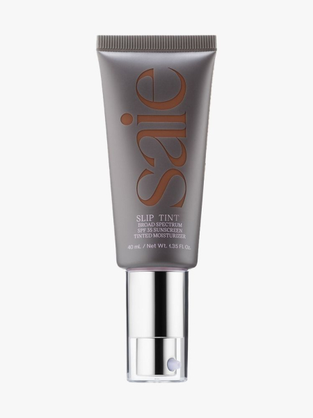 Saie Slip Tint Dewy Tinted Moisturizer SPF 35 Sunscreen gray tube with silver cap on light gray background